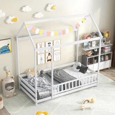 Hivvago Twin Size Kids House Bed Wooden Floor Bed With Roof And Full-length Safety Guardrail-white