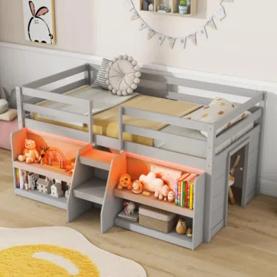Hivvago Twin Size Loft Bed With Led Lights With Staircase And Safety Guardrail-grey