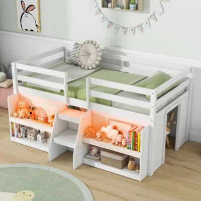 Hivvago Twin Size Loft Bed With Led Lights With Staircase And Safety Guardrail-white