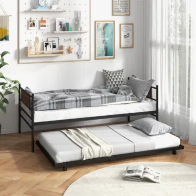 Hivvago Twin Size Metal Daybed With Trundle And Wood Grain Headboard