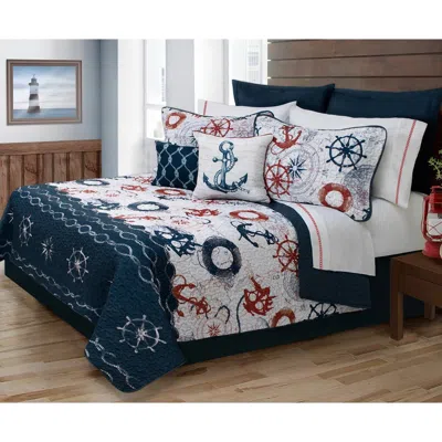 Hivvago Twin Size Modern Coastal Anchor Polyester Reversible Quilt Set In Blue