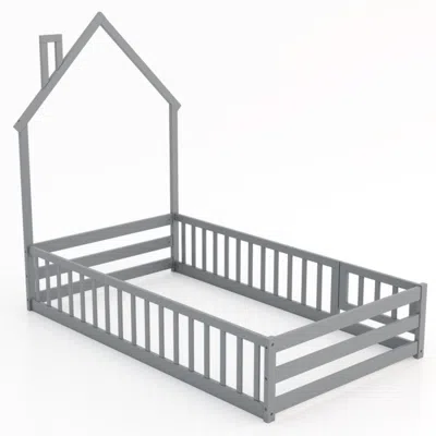 Hivvago Twin Size Montessori Floor Bed With Lockable Door And Full-length Guardrail-gray In Purple
