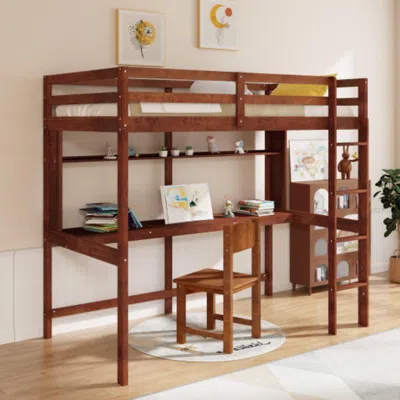 Hivvago Twin Size Solid Wood Slatted Loft Bed Frame With Safety Guardrail For Kid-brown