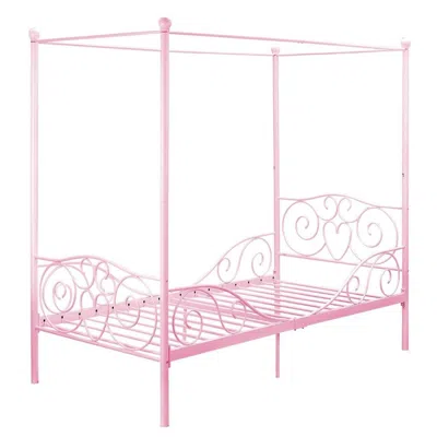 Hivvago Twin Size Sturdy Metal Canopy Bed In Pink