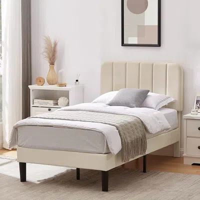 Hivvago Twin Size Upholstered Platform Bed Frame With Headboard In White