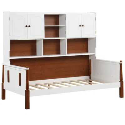 Hivvago Twin Size Vintage White Walnut Daybed With Bookcase Storage Cabinet Headboard