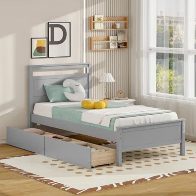 Hivvago Twin Size Wooden Bed Frame With 2 Drawers For Teens And Adults-gray