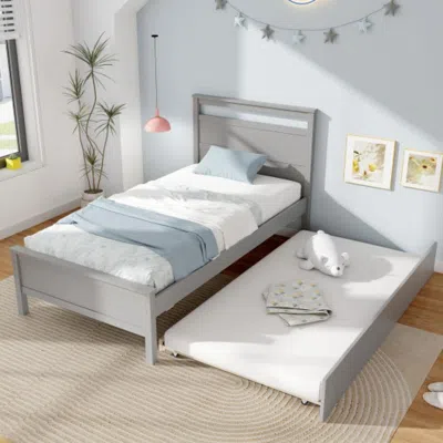 Hivvago Twin Size Wooden Bed Frame With Trundle For Teens And Adults-gray