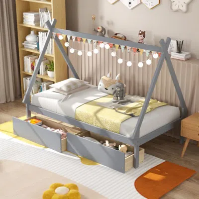 Hivvago Twin Size Wooden Tent Platform House Bed With 2 Drawers-gray