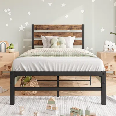 Hivvago Twin-sized Platform Bedframe With Slats And Wooden Head Board - Black In White