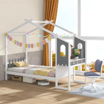 Hivvago Twin/full Bed Frame With House Roof Canopy And Fence For Kids-full Size