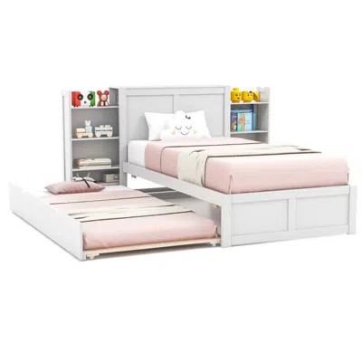 Hivvago Twin/full Wood Platform Bed W/ Trundle And Storage Bookcase Headboard In White