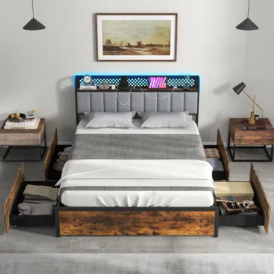 Hivvago Twin/full/queen Bed Frame With Led Lights Upholstered Headboard And 4 Storage Drawers-full Size