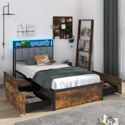 Hivvago Twin/full/queen Bed Frame With Led Lights Upholstered Headboard And 4 Storage Drawers-twin Size