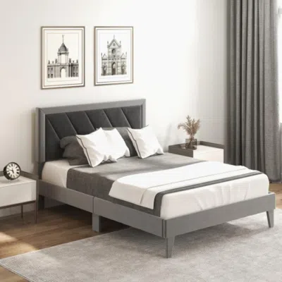 Hivvago Twin/full/queen Platform Bed With High Headboard And Wooden Slats-full Size