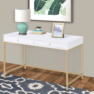 Hivvago Two Drawers Wooden Desk With Tubular Metal Base, White And Gold