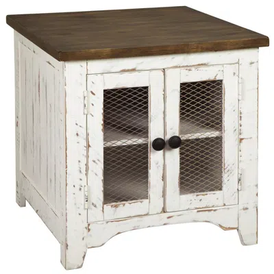 Hivvago Two Tone Wooden End Table With Metal Grill Cabinet, Brown And White