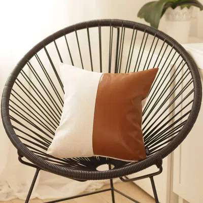 Hivvago Two Toned White And Brown Faux Leather Pillow In Multi