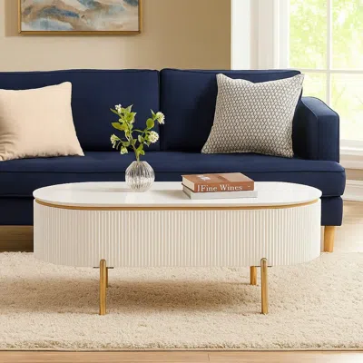 Hivvago Tyce Oval Coffee Table With Drawer, 47 Inch, Glossy White, Gold Metal