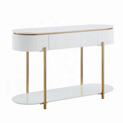 Hivvago Tyce Sofa Table With Drawer, Shelf, 47 Inch Glossy White, Gold Metal