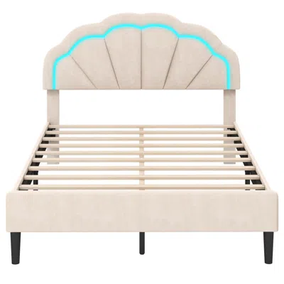 Hivvago Upholstered Led Bed Frame With Adjustable Flower Headboard And Metal Support Feet In Neutral