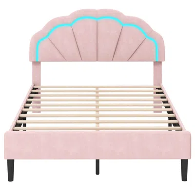 Hivvago Upholstered Led Bed Frame With Adjustable Flower Headboard And Metal Support Feet Pink