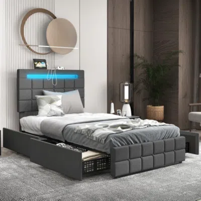 Hivvago Upholstered Led Bed Frame With Headboard And 4 Drawers-twin Size In Gray