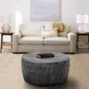 Hivvago Val 34 Inch Handcrafted Mango Wood Coffee Table, Hammered Round Drum Shape, Honeycomb, Rustic Gray