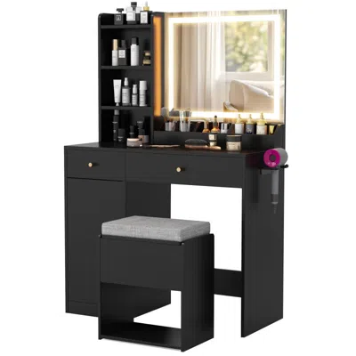 Hivvago Vanity Dressing Table And Chair Set With Mirror And Lights In Black