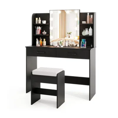 Hivvago Vanity Set With Lighted Mirror And Stool With Power Outlet In Black