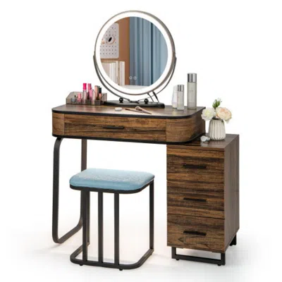 Hivvago Vanity Table Set With 3-color Lighted Mirror And Charging Station-brown