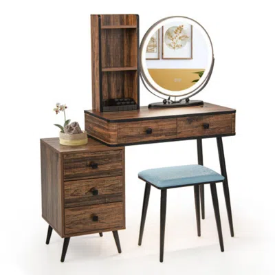 Hivvago Vanity Table Set With 3-color Lighted Mirror And Cushioned Stool-rustic Brown