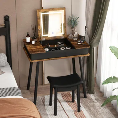 Hivvago Vanity Table Set With Flip Top Mirror Lights Usb Writing Desk And Stool-brown