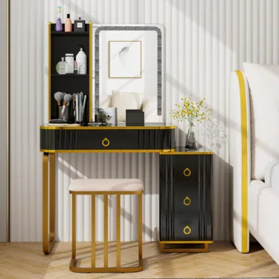 Hivvago Vanity Table Set With Rgb Led Lights And Wireless Charging Station-black
