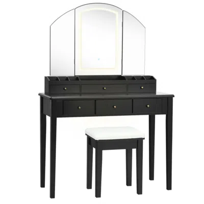 Hivvago Vanity Table Stool Set With Large Tri-folding Lighted Mirror-black
