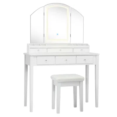 Hivvago Vanity Table Stool Set With Large Tri-folding Lighted Mirror-white
