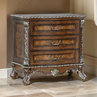 Hivvago Vany Nightstand, Traditional Floral Trim, 3 Drawers, Cherry Brown