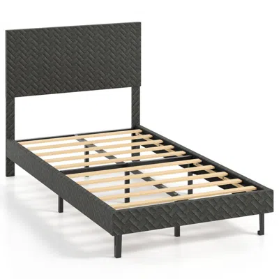 Hivvago Velvet Bed Frame Upholstered Platform Bed With Chevron Headboard In Multi