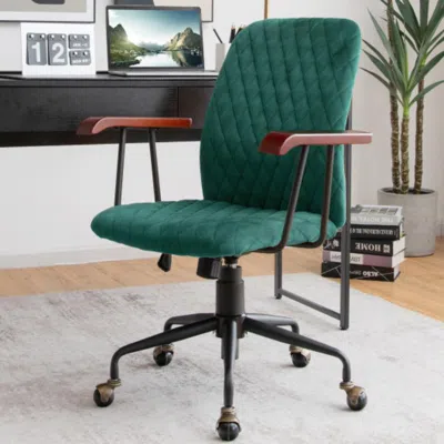 Hivvago Velvet Home Office Chair With Wooden Armrest Green