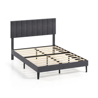 Hivvago Velvet Upholstered Platform Bed With Height Adjustable Vertical Channel Headboard In Gray