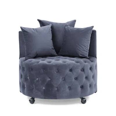 Hivvago Velvet Upholstered Swivel Chair With Button Tufted Design And Movable Wheels In Blue