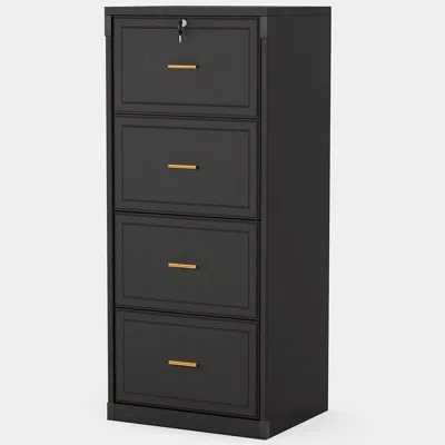 Hivvago Vertical File Cabinet In Black Wood Finish With 4 Lockable Storage Drawers