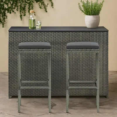 Hivvago Vian Outdoor Barstool Set Of 2, Gray Poly Rattan And Polyester Seats