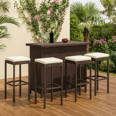 Hivvago Vian Outdoor Barstool Set Of 4, Brown Poly Rattan, Cream Polyester
