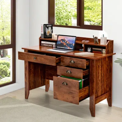 Hivvago Vintage Computer Desk With Storage Shelves And 4 Drawers-rustic Brown