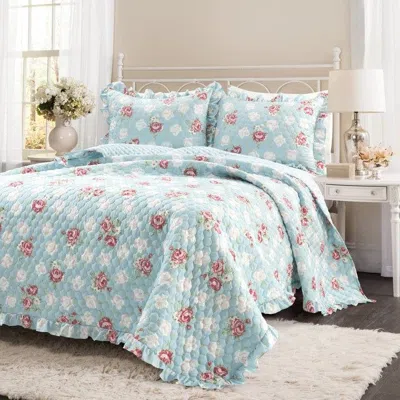 Hivvago Vintage Rose Ruffle Edge Light Quilt Set In Blue White And Pink