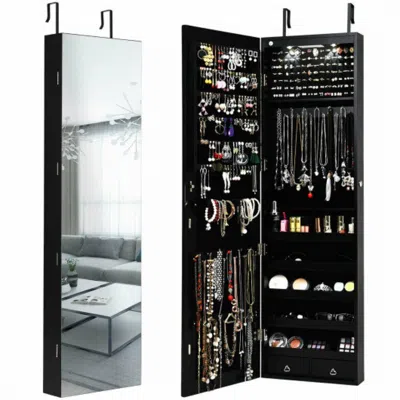 Hivvago Wall And Door Mounted Mirrored Jewelry Cabinet With Lights-black