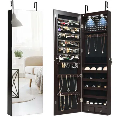Hivvago Wall And Door Mounted Mirrored Jewelry Cabinet With Lights-brown