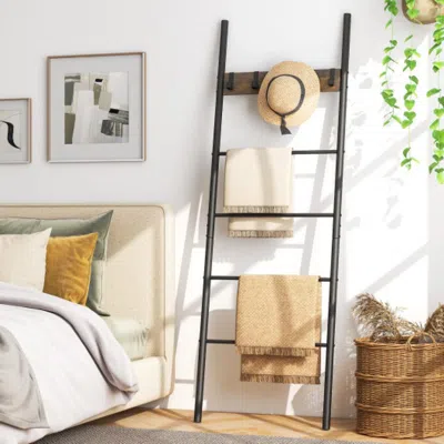 Hivvago Wall-leaning Decorative Blanket Holder With 5 Removable Hooks In Brown