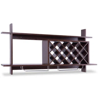 Hivvago Wall Mount Wine Rack With Glass Holder & Storage Shelf-walnut In Black